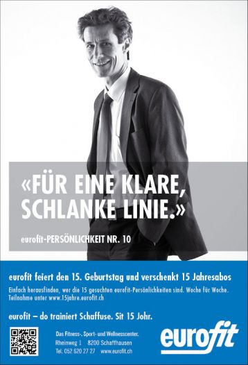 Plakat mit Slogan Für eine klare schlanke Linie eurofit 15 Jahr Jubiläum
