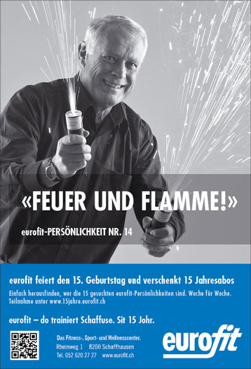 Plakat mit Slogan Feuer und Flamme eurofit 15 Jahr Jubiläum