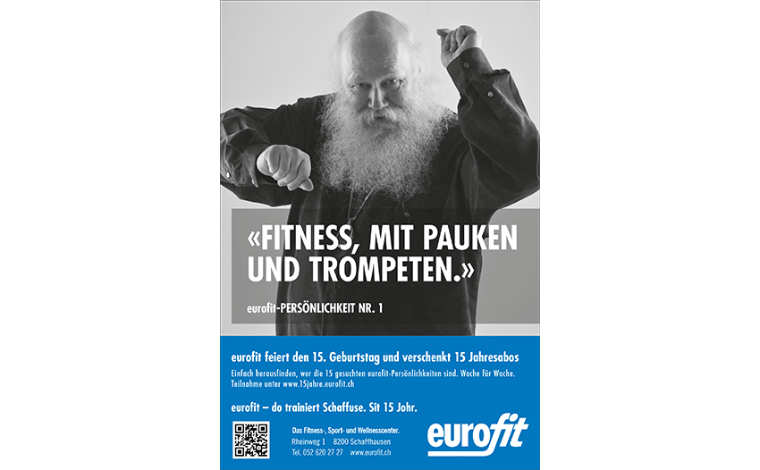 Plakat mit Slogan Fitness, mit Pauken und Trompeten eurofit 15 Jahr Jubiläum