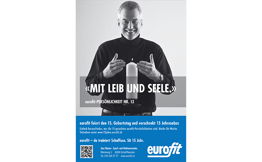 Plakat mit Slogan Mit Leib und Seele eurofit 15 Jahr Jubiläum