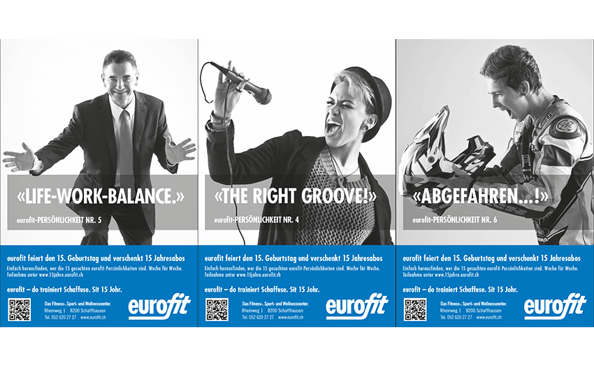 Plakate mit Slogans eurofit 15 Jahr Jubiläum