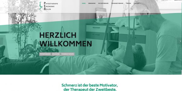 Webseite Physiotherapie Ergonomie Bollen mit Slogan Schmerz ist der beste Motivator, der Therapeut der Zweitbeste.