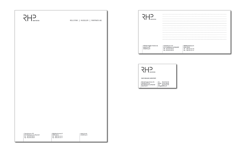 Briefpapier und Korrespondenzkarte und Visitenkarte RELLSTAB HUGGLER PARTNER AG ARCHITEKTEN