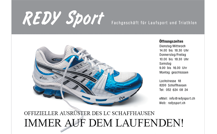 Anzeige REDY Sport Fachgeschäft für Laufsport und Triathlon mit Slogan immer auf dem Laufenden